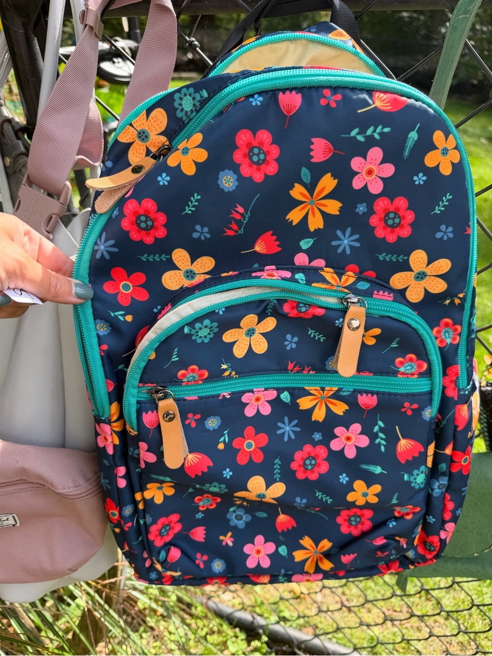 Kids Floral Navy Backpack with Teal Trim